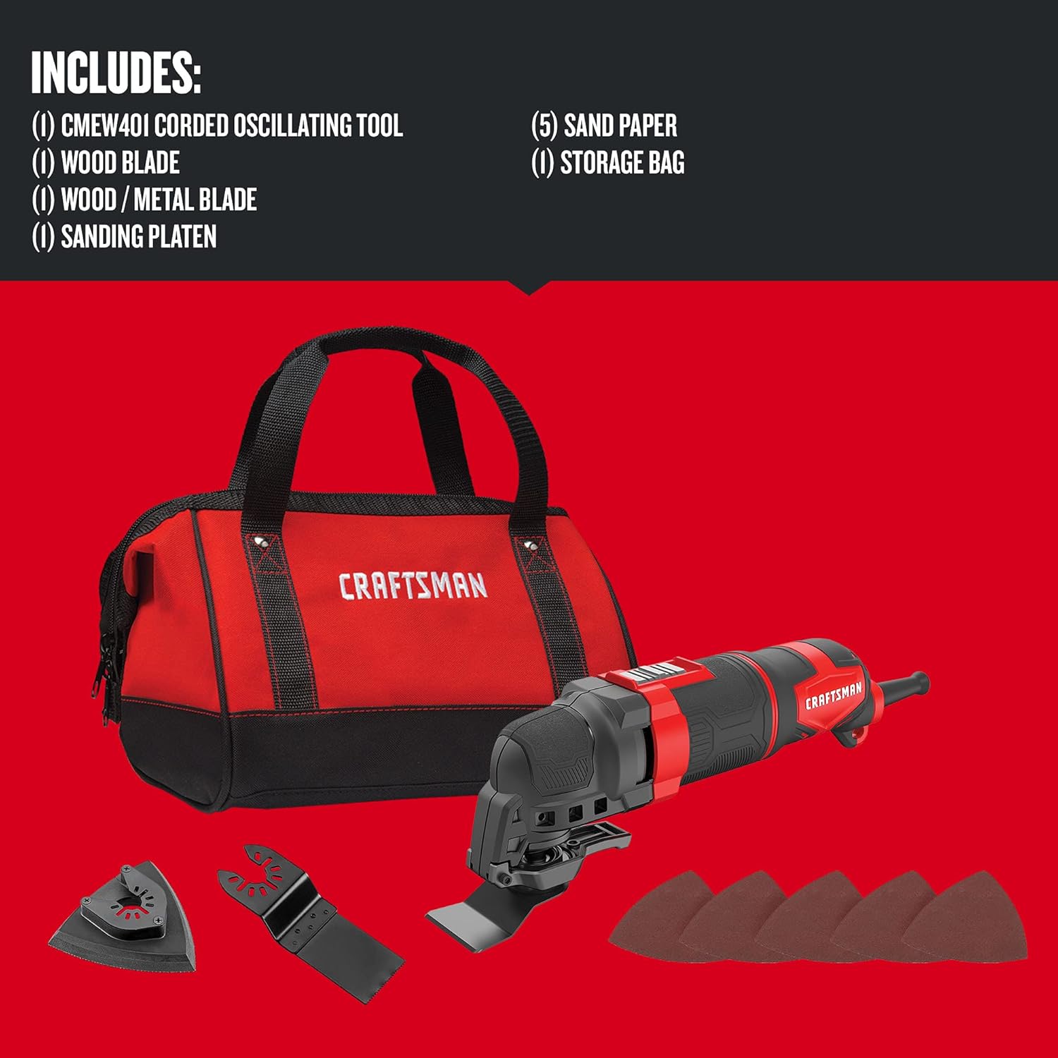 CRAFTSMAN Oscillating Tool, 3-Amp, Includes Universal Tool-free Accessory System, Blades, Sandpaper and Tool Bag, Corded (CMEW401)1