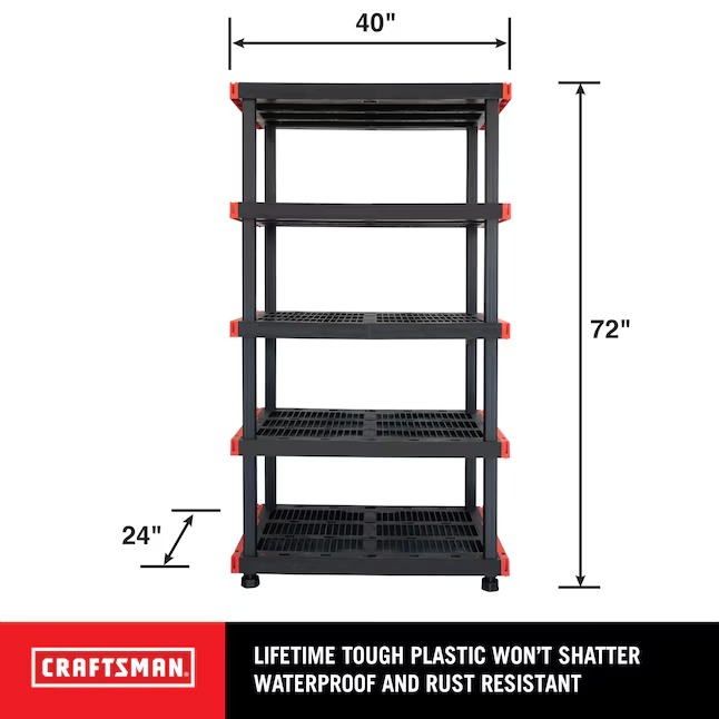 CRAFTSMAN Plastic Heavy Duty 5-Tier Utility Shelving Unit (40-in W x 24-in D x 72-in H), Black, (250-lb Capacity Per Shelf)2_11zon