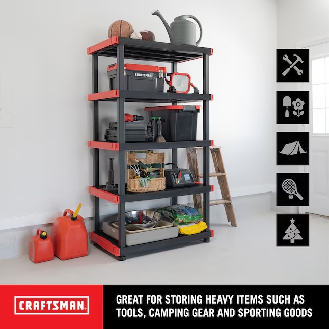 CRAFTSMAN Plastic Heavy Duty 5-Tier Utility Shelving Unit (40-in W x 24-in D x 72-in H), Black, (250-lb Capacity Per Shelf)5_11zon