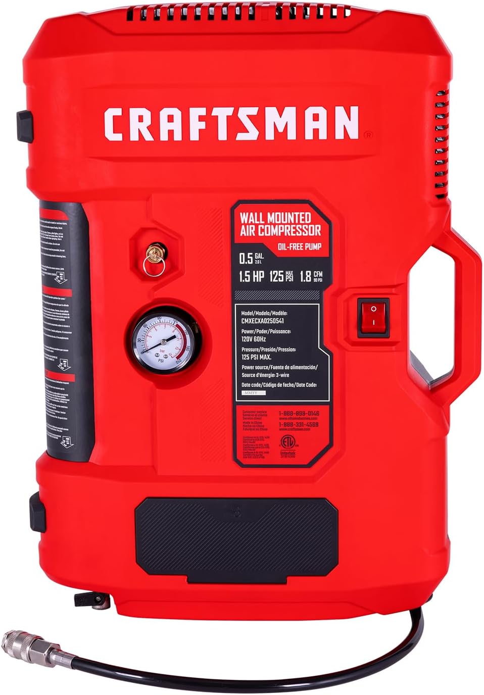 CRAFTSMAN Tire Inflator, All in One Wall Mount Air Compressor Oil-Free with Retractable 30ft Air Hose and Pressure Regulator, Great for Tire Inflation, Brad Stapler, Finishing Jobs,1.5HP 125PSI CRAFTSMAN Tire Inflator, All in One Wall Mount Air Compressor Oil-Free with Retractable 30ft Air Hose and Pressure Regulator, Great for Tire Inflation, Brad/Stapler, Finishing Jobs,1.5HP 125PSI