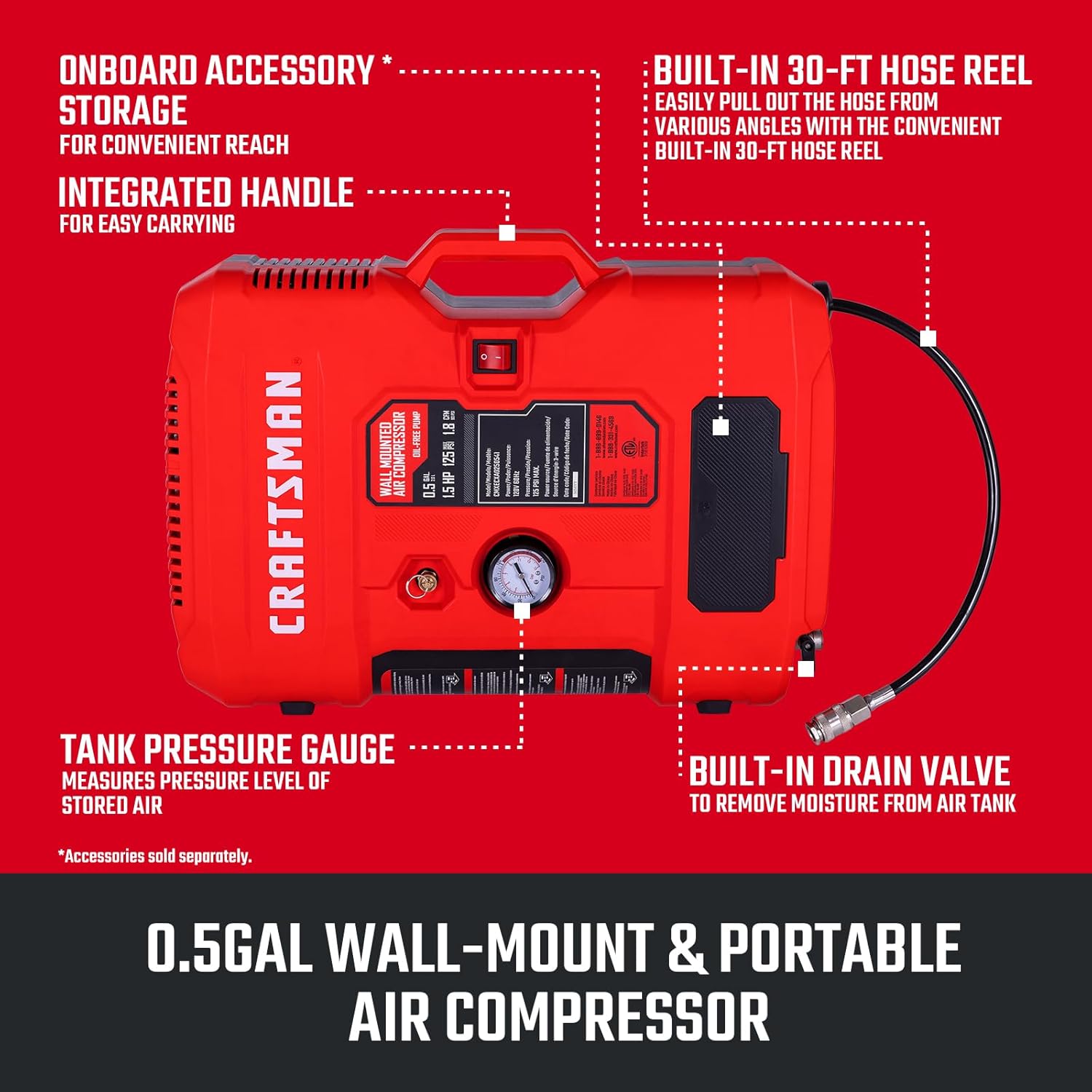 CRAFTSMAN Tire Inflator, All in One Wall Mount Air Compressor Oil-Free with Retractable 30ft Air Hose and Pressure Regulator, Great for Tire Inflation, Brad Stapler, Finishing Jobs,1.5HP 125PSI1