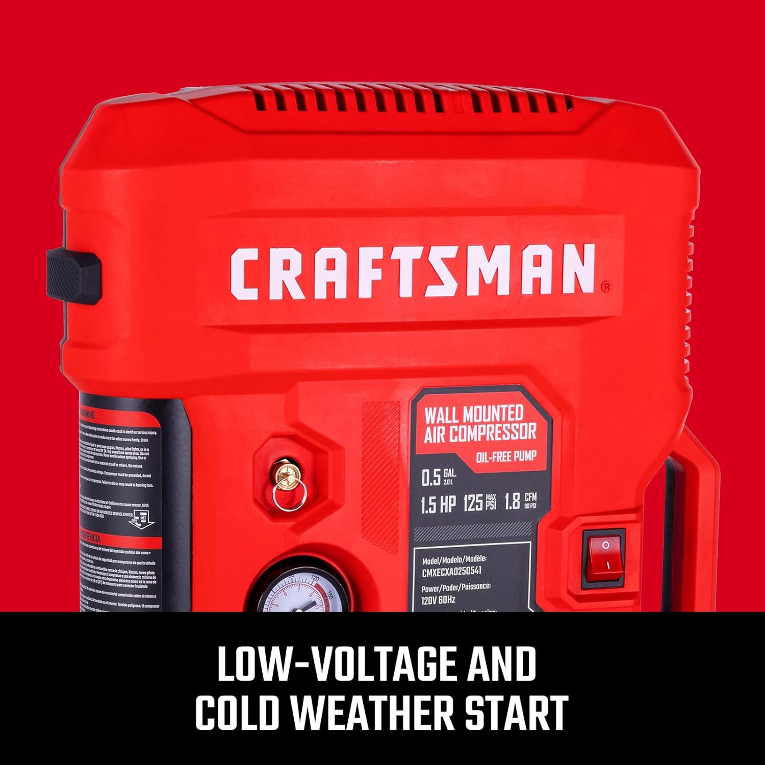 CRAFTSMAN Tire Inflator, All in One Wall Mount Air Compressor Oil-Free with Retractable 30ft Air Hose and Pressure Regulator, Great for Tire Inflation, Brad Stapler, Finishing Jobs,1.5HP 125PSI3