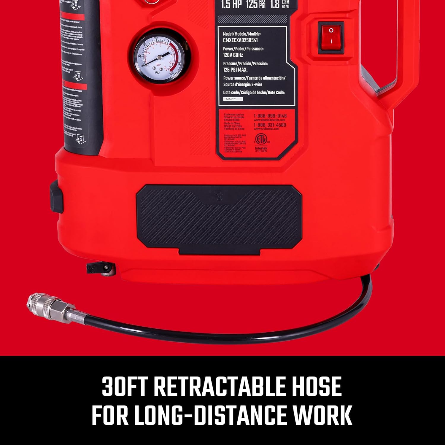 CRAFTSMAN Tire Inflator, All in One Wall Mount Air Compressor Oil-Free with Retractable 30ft Air Hose and Pressure Regulator, Great for Tire Inflation, Brad Stapler, Finishing Jobs,1.5HP 125PSI7