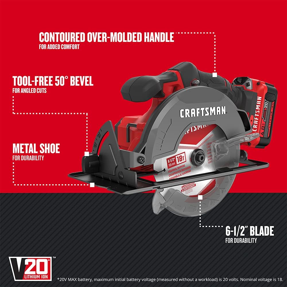 CRAFTSMAN V20 Cordless Circular Saw Kit, 6-1 2 inch, Battery and Charger Included (CMCS500M1)1