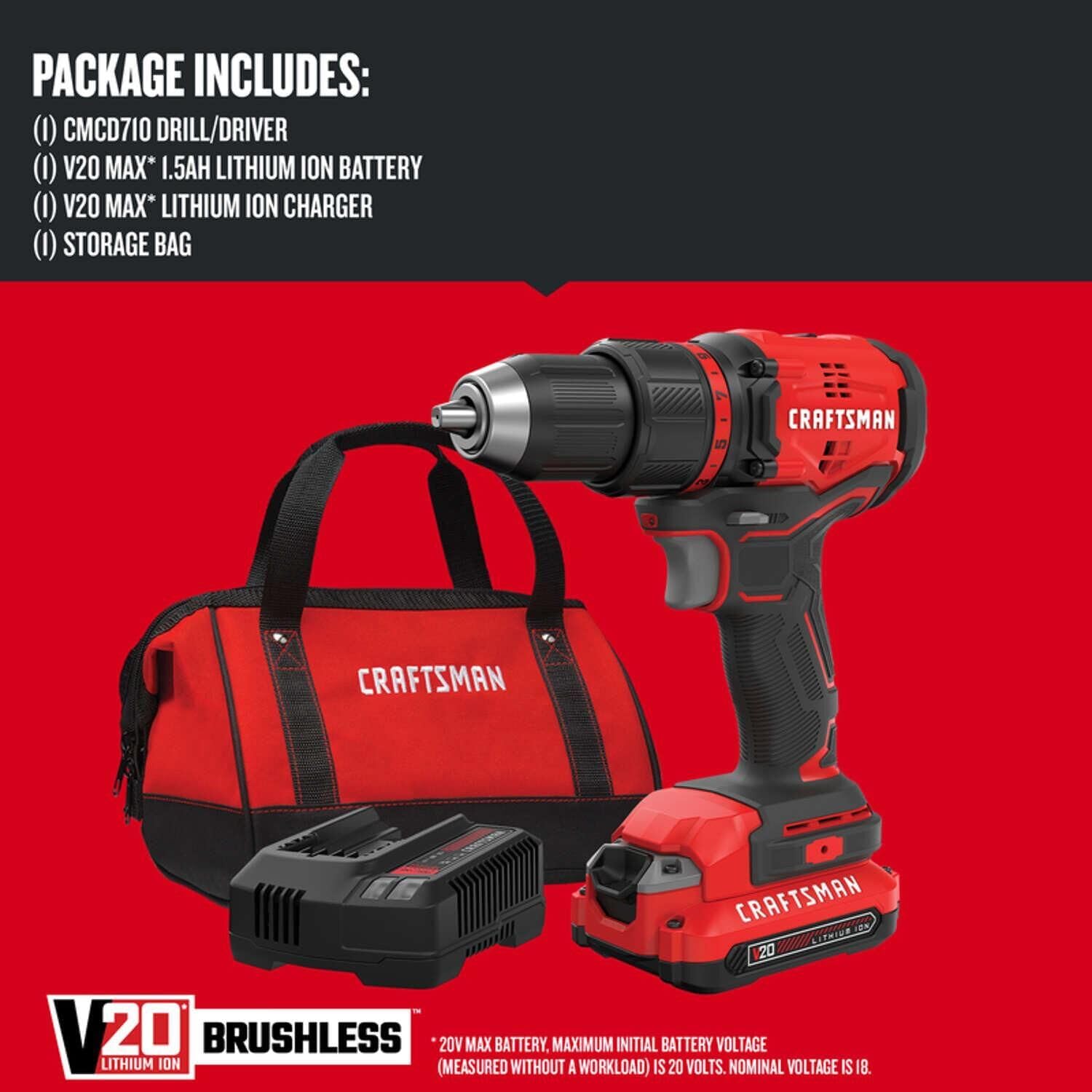 CRAFTSMAN V20 Cordless Drill Driver Kit, 1 2 inch, Battery and Charger Included (CMCD710C1)1