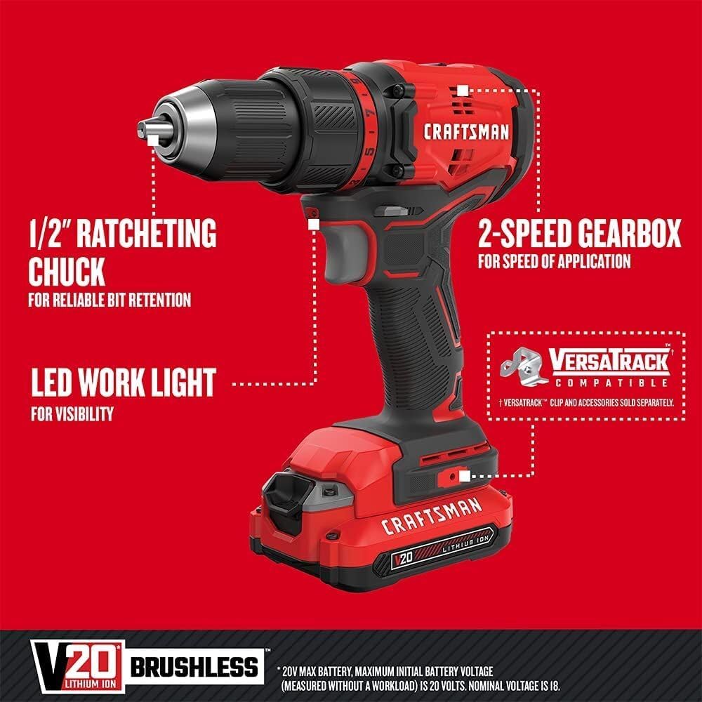 CRAFTSMAN V20 Cordless Drill Driver Kit, 1 2 inch, Battery and Charger Included (CMCD710C1)3