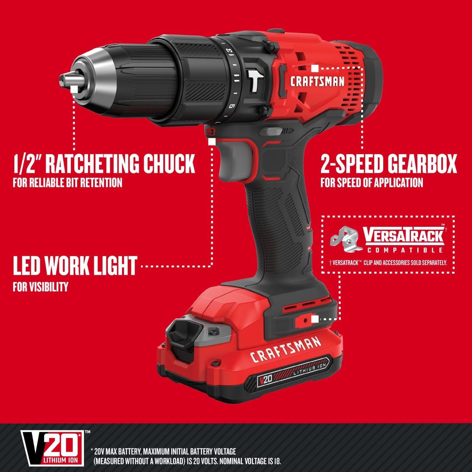 CRAFTSMAN V20 Cordless Hammer Drill, 1 2 inch, Battery & Charger Included (CMCD711D1)2