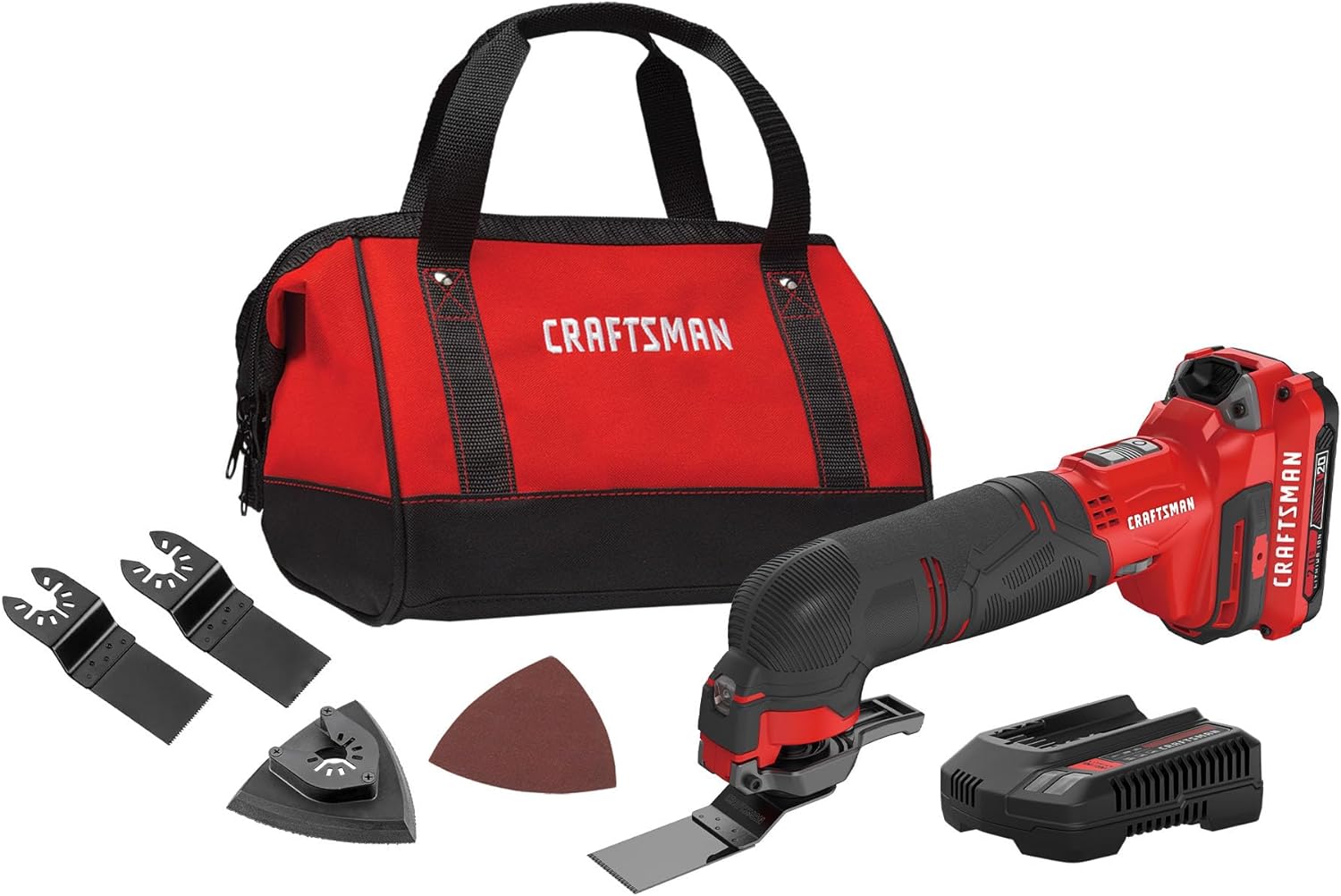 CRAFTSMAN V20 Cordless Multi-Tool, Oscillating Tool Kit, 16 Piece Kit with Blades, Sand Paper, Battery and Charger Included (CMCE500D1) CRAFTSMAN V20 Cordless Multi-Tool, Oscillating Tool Kit, 16 Piece Kit with Blades, Sand Paper, Battery and Charger Included (CMCE500D1)