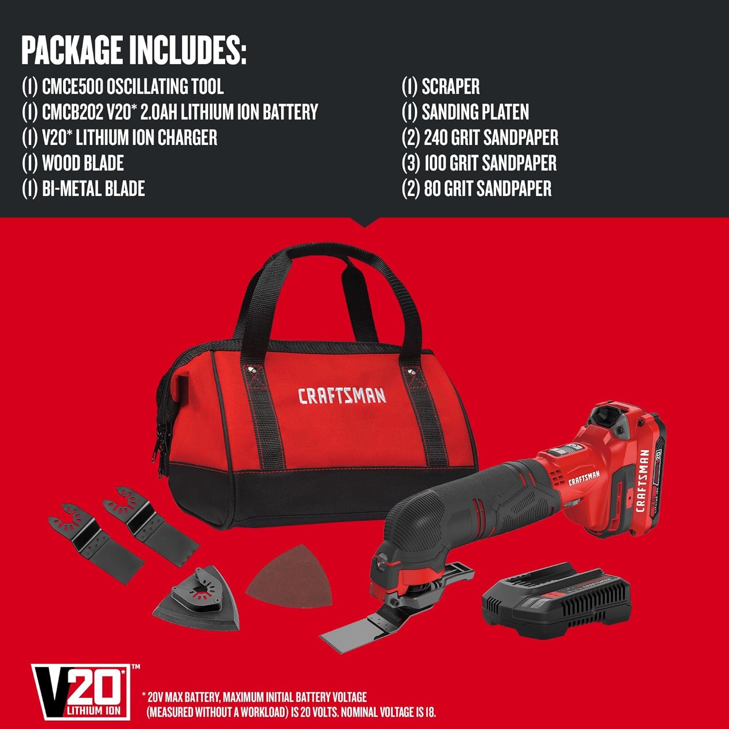 CRAFTSMAN V20 Cordless Multi-Tool, Oscillating Tool Kit, 16 Piece Kit with Blades, Sand Paper, Battery and Charger Included (CMCE500D1)2