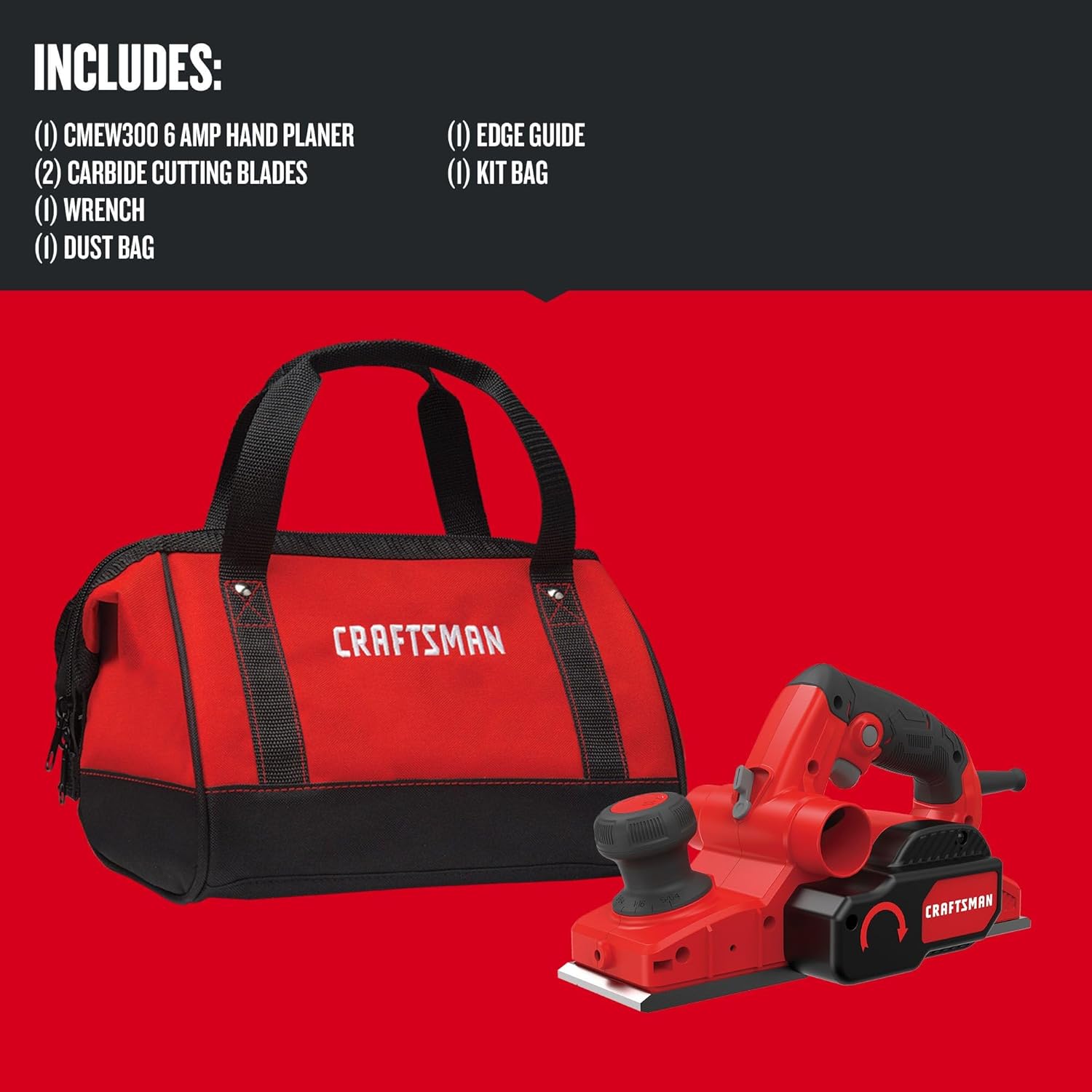 CRAFTSMAN Wood Planer, Electric Hand Planer for Woodworking, with Blades, Edge Guide, and Dust Bag (CMEW300)1q
