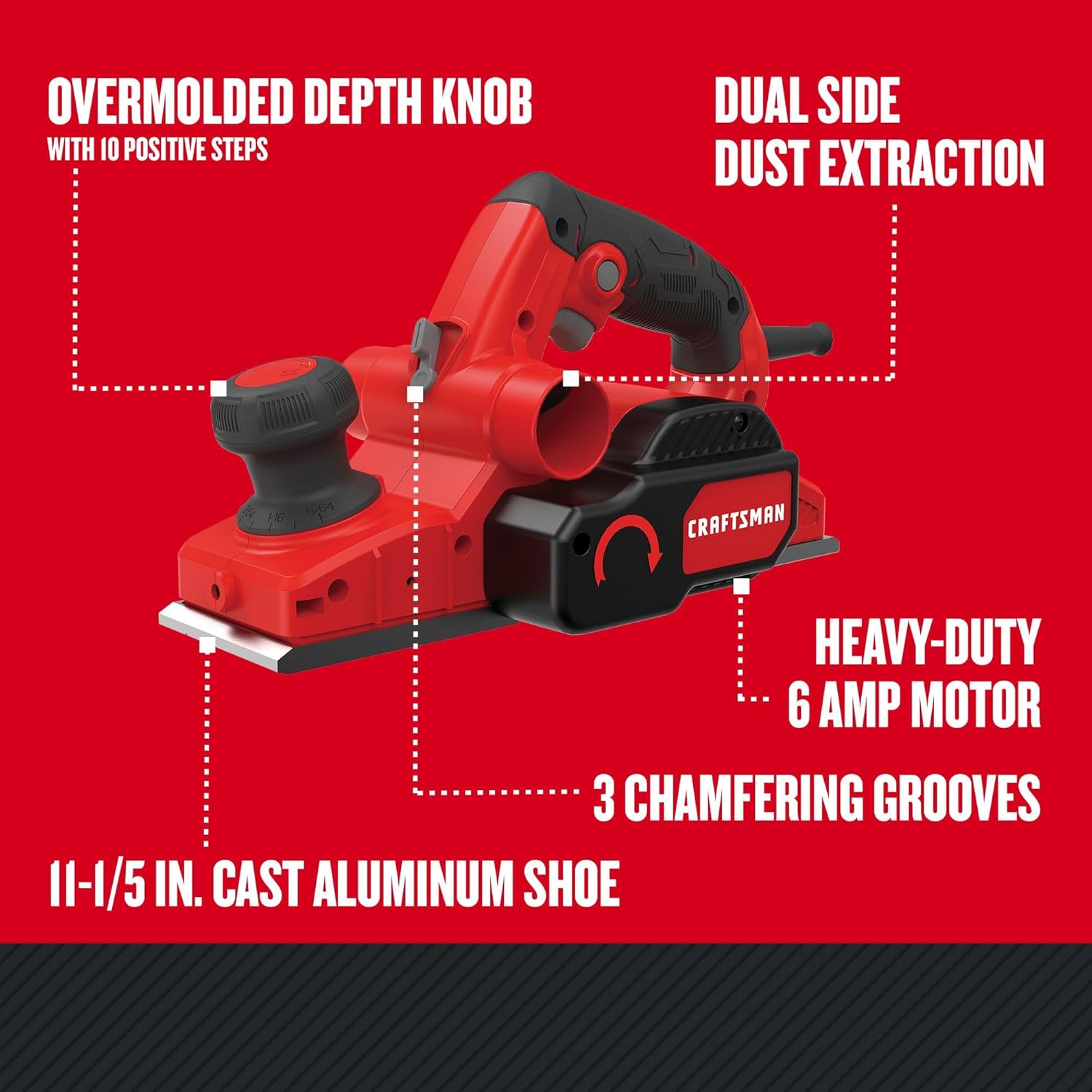 CRAFTSMAN Wood Planer, Electric Hand Planer for Woodworking, with Blades, Edge Guide, and Dust Bag (CMEW300)2