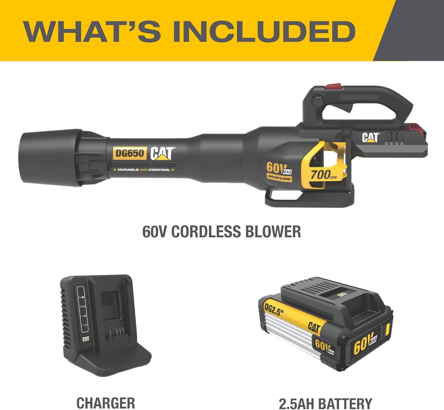 Cat DG650 60V 700 CFM 135 MPH Leaf Blower Cordless with Battery and Charger,Adjustable Speed Blowers for Lawn Care,Lightweight Cordless Leaf Blower with Variable Air Control Battery&Charger Include18