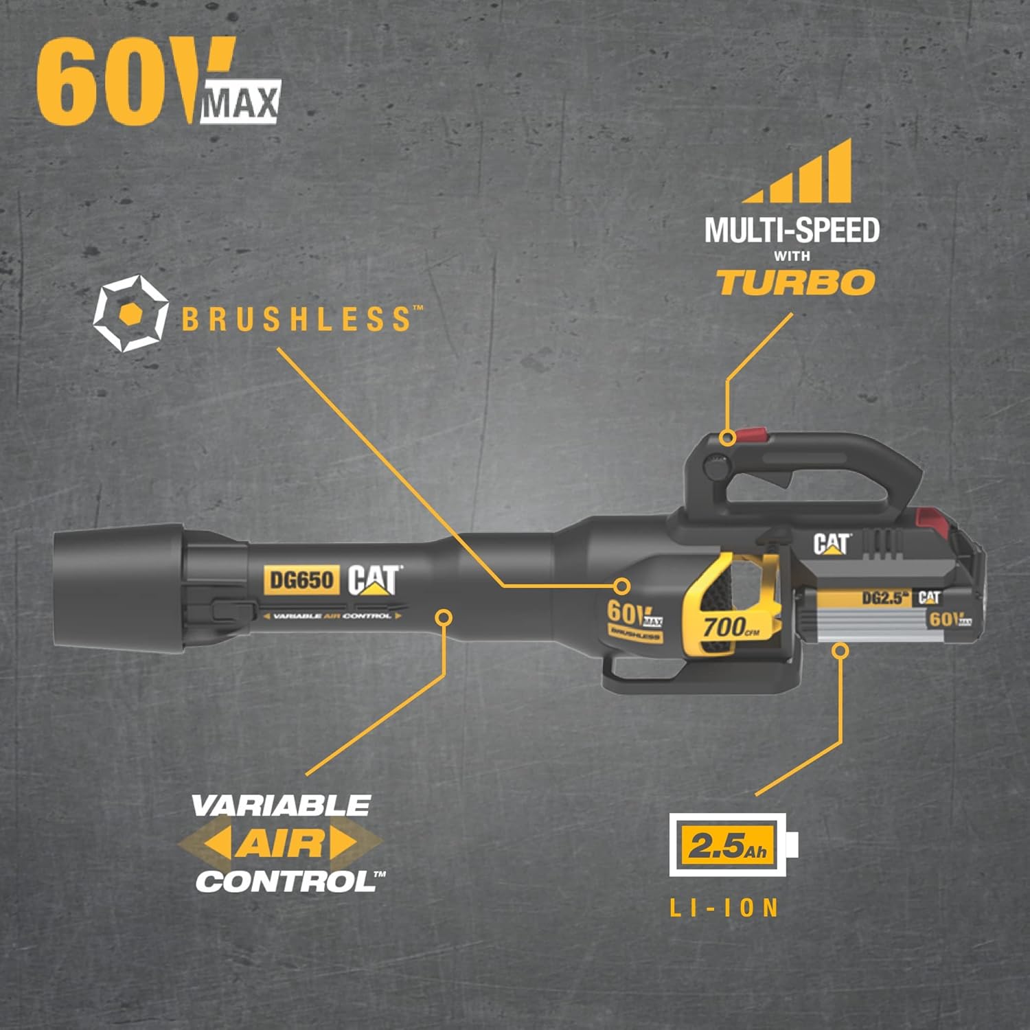 Cat DG650 60V 700 CFM 135 MPH Leaf Blower Cordless with Battery and Charger,Adjustable Speed Blowers for Lawn Care,Lightweight Cordless Leaf Blower with Variable Air Control Battery&Charger Include2