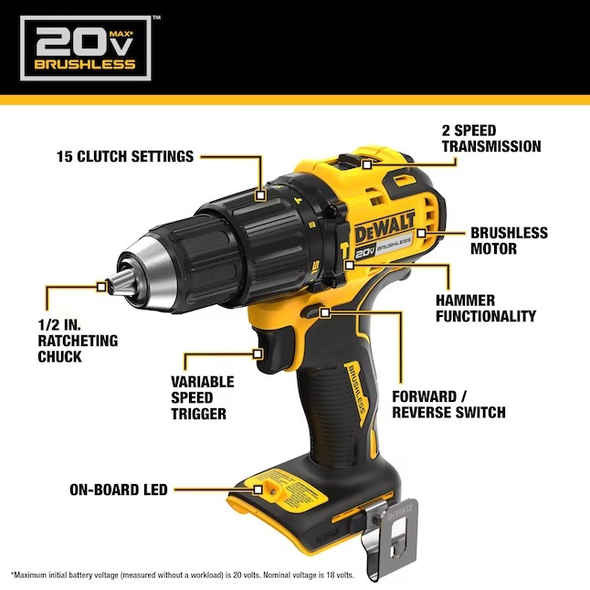 DEWALT 1 2-in 20-volt Max Variable Brushless Cordless Hammer Drill (1-Battery and Charger Included)3_11zon