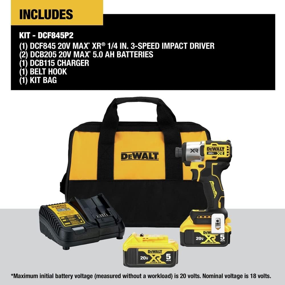 DEWALT 20V MAX Impact Driver, Cordless, 3-Speed, 2 Batteries and Charger Included (DCF845P2)1