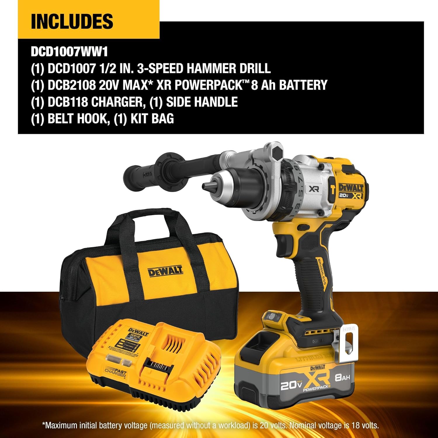 DEWALT 20V MAX XR 1 2 Inch Cordless Hammer Drill Kit with 8AH Battery and Charger (DCD1007WW1)1