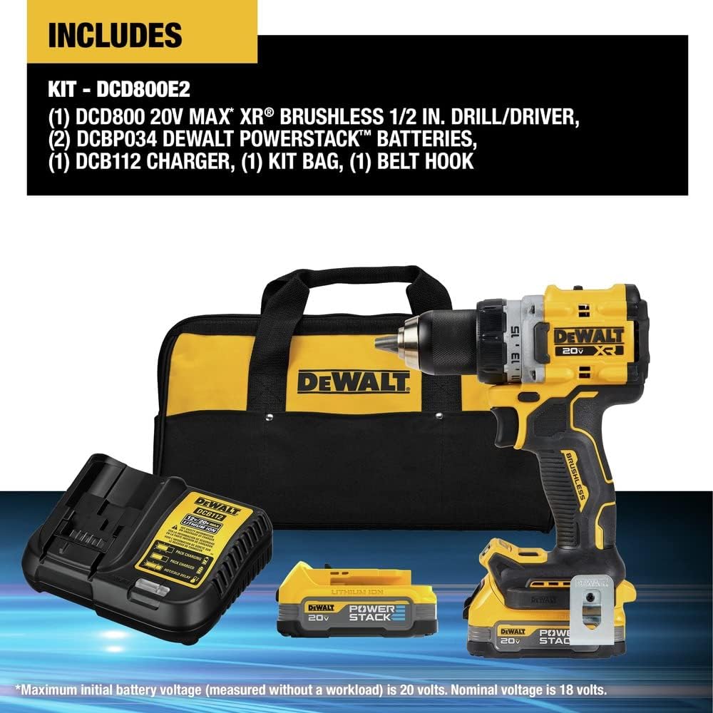 DEWALT 20V MAX XR Cordless Drill Kit, Drill and Driver, 1 2 , Batteries, Charger, and Bag Included(DCD800E2)1