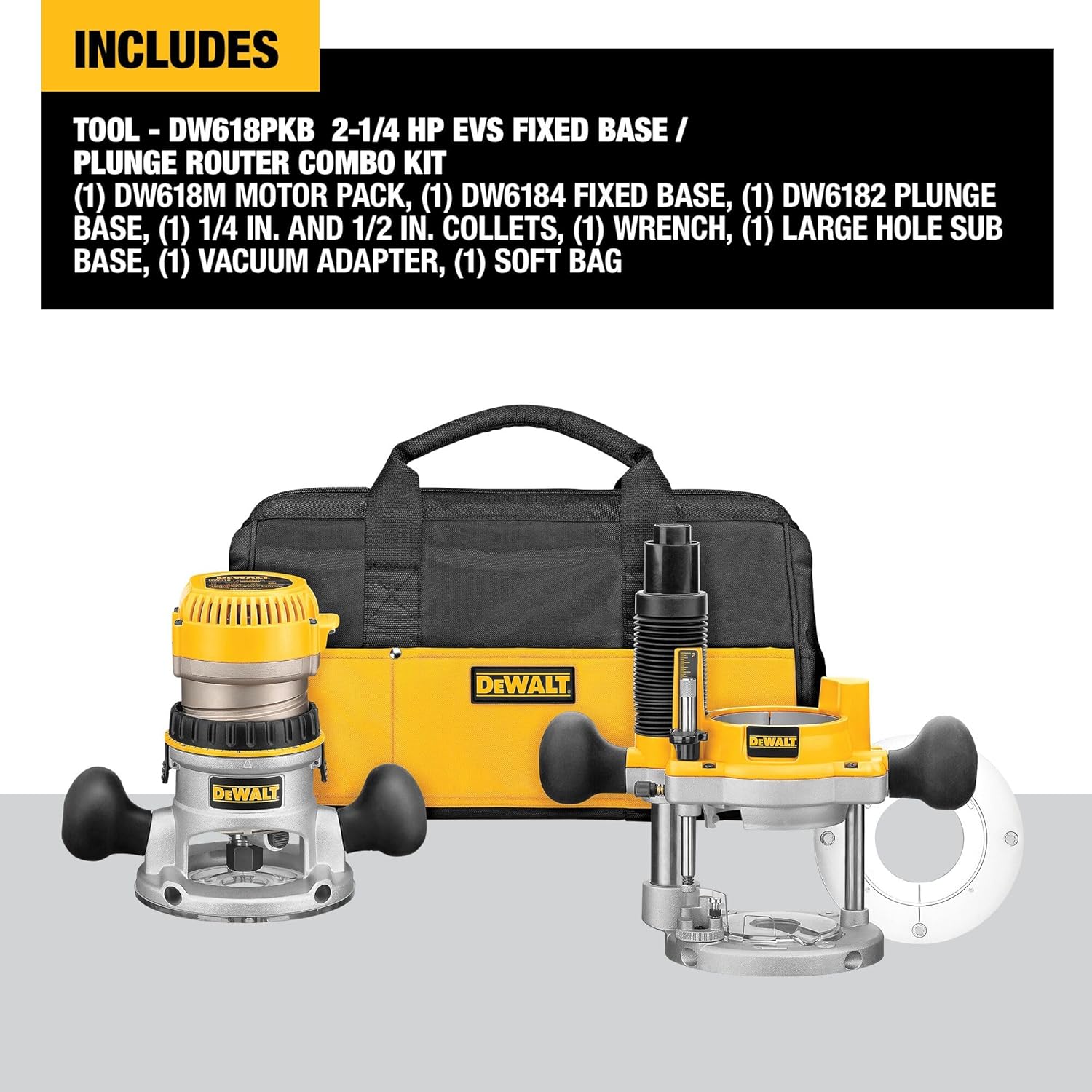 DEWALT Router, Fixed and Plunge Base Kit, Soft Start, 12-Amp, 24,000 RPM, Variable Speed Trigger, Corded (DW618PKB)`