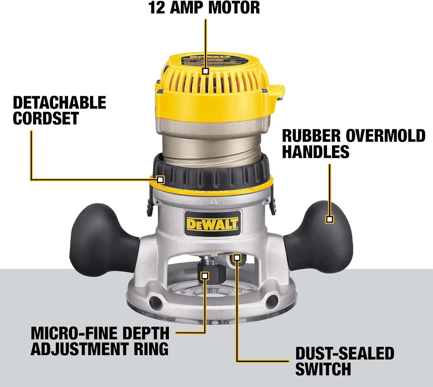 DEWALT Router, Fixed and Plunge Base Kit, Soft Start, 12-Amp, 24,000 RPM, Variable Speed Trigger, Corded (DW618PKB)2