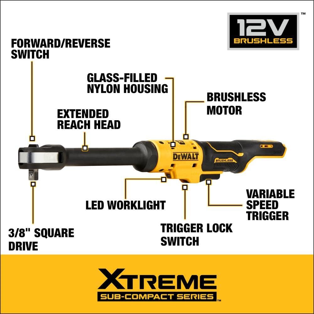 DEWALT XTREME 12V MAX Cordless Ratchet, Brushless,3 8 in., Extended Reach, Tool Only (DCF503EB)2