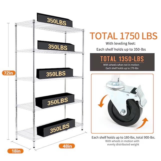 EFINE Steel Heavy Duty 5-Tier Utility Shelving Unit (48-in W x 18-in D x 72-in H), Chrome, (350-lb Capacity Per Shelf)0_11zon