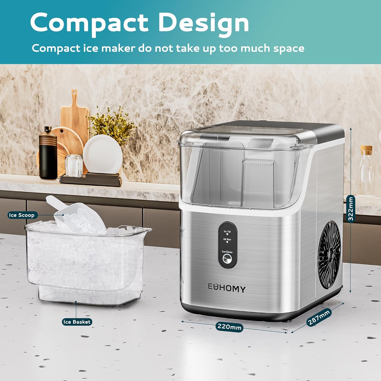 EUHOMY Nugget Ice Makers Countertop, Pebble Ice Maker Machine with 35lbs 24H Soft Ice, Self-Cleaning Sonic Ice Maker (Stainless Steels)9