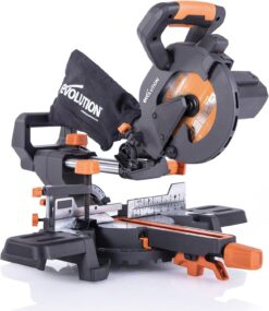 Evolution Power Tools R185SMS+ Sliding Miter Saw with Multi-Material Cutting, 45 Degree Bevel, 50 Degree Miter, 210 mm Slide, Blade Included Cuts Wood Plastic Metal & More, 7-1/4