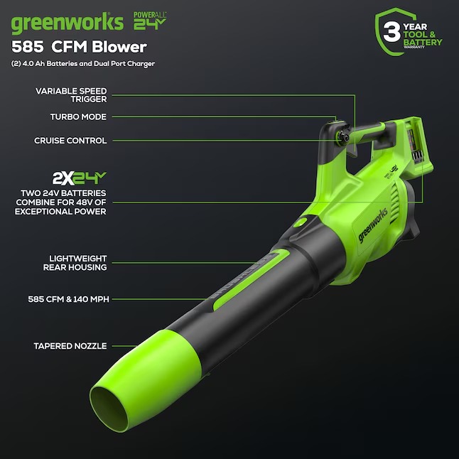 Greenworks BL48L4410 24-volt 585-CFM 140-MPH Battery Handheld Leaf Blower 4 Ah (Battery and Charger Included)1_11zon