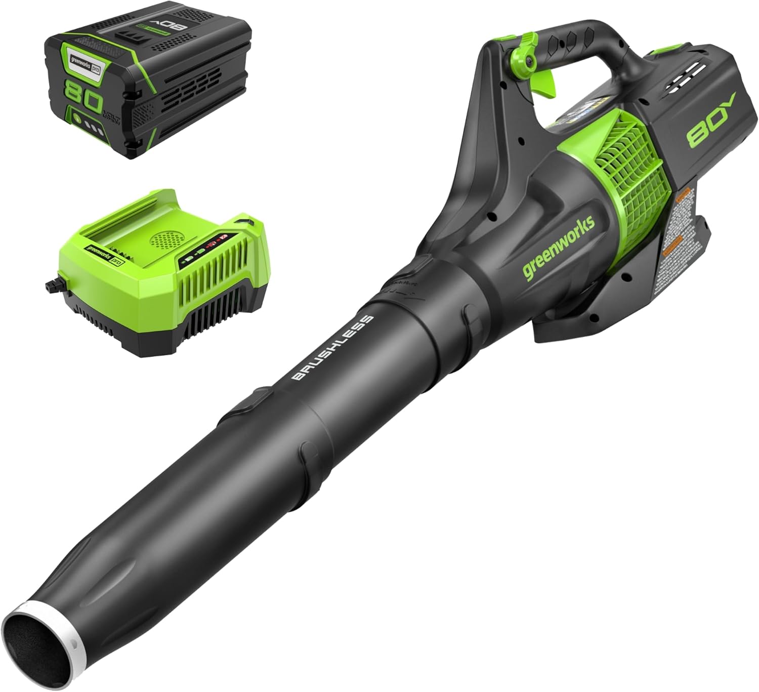 Greenworks BL80L2510 80V (145 MPH 580 CFM 75+ Compatible Tools) Cordless Brushless Axial Leaf Blower, 2.5Ah Battery and Charger Included Greenworks BL80L2510 80V (145 MPH / 580 CFM / 75+ Compatible Tools) Cordless Brushless Axial Leaf Blower, 2.5Ah Battery and Charger Included