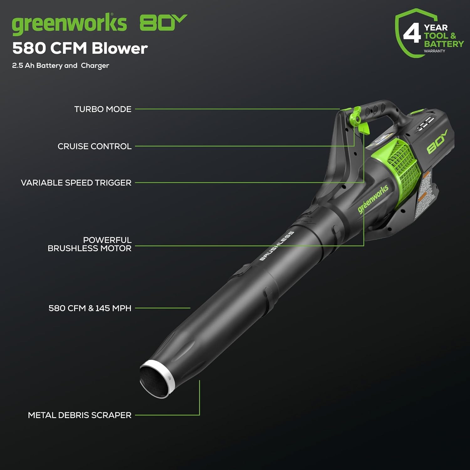 Greenworks BL80L2510 80V (145 MPH 580 CFM 75+ Compatible Tools) Cordless Brushless Axial Leaf Blower, 2.5Ah Battery and Charger Included2