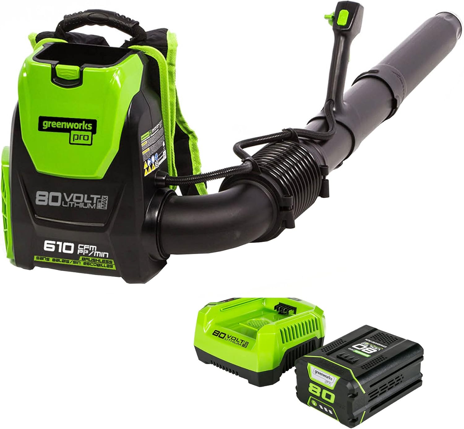 Greenworks BPB80L2510 80V (180 MPH 610 CFM 75+ Compatible Tools) Cordless Brushless Backpack Blower, 2.5Ah Battery and Rapid Charger Included, Green Black Greenworks BPB80L2510 80V (180 MPH / 610 CFM / 75+ Compatible Tools) Cordless Brushless Backpack Blower, 2.5Ah Battery and Rapid Charger Included, Green/Black