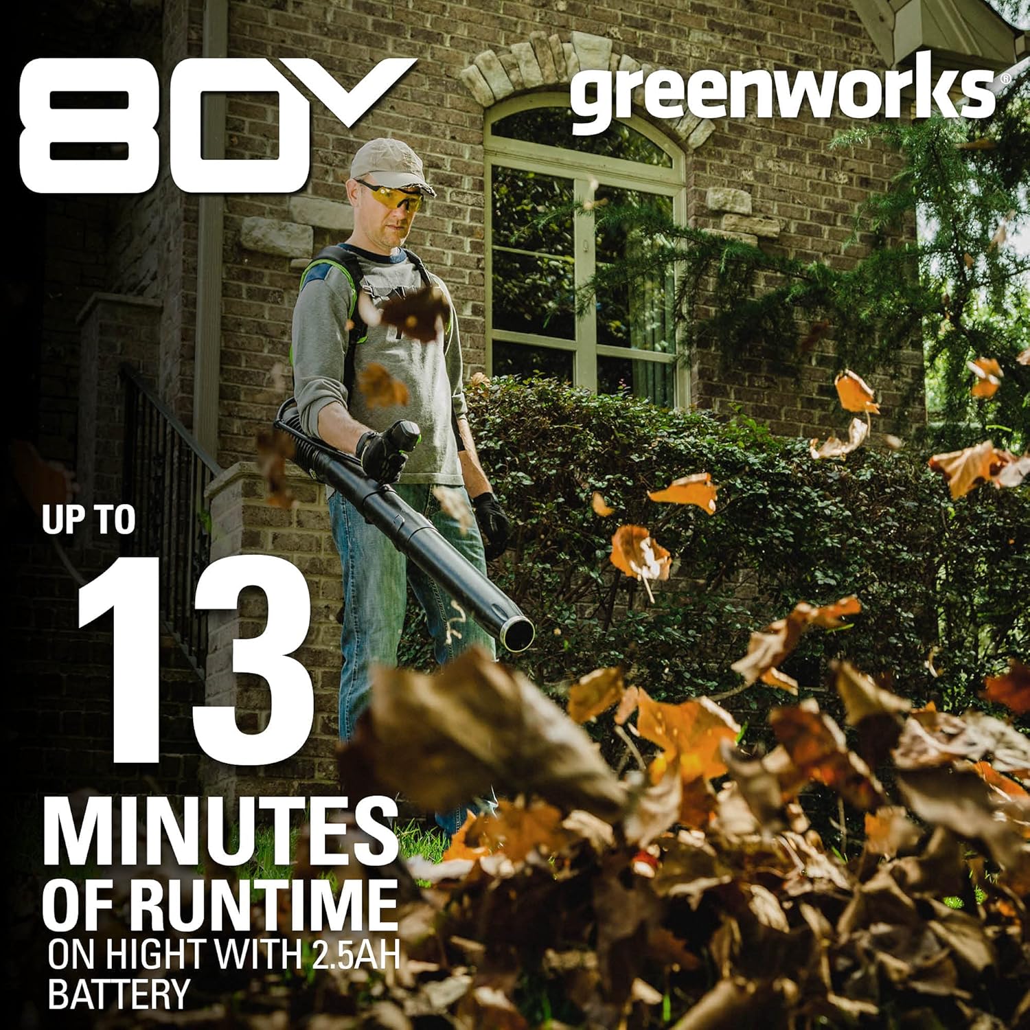 Greenworks BPB80L2510 80V (180 MPH 610 CFM 75+ Compatible Tools) Cordless Brushless Backpack Blower, 2.5Ah Battery and Rapid Charger Included, Green Black1