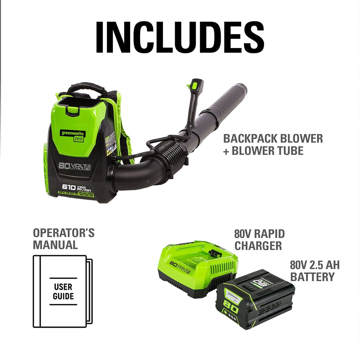 Greenworks BPB80L2510 80V (180 MPH 610 CFM 75+ Compatible Tools) Cordless Brushless Backpack Blower, 2.5Ah Battery and Rapid Charger Included, Green Black11