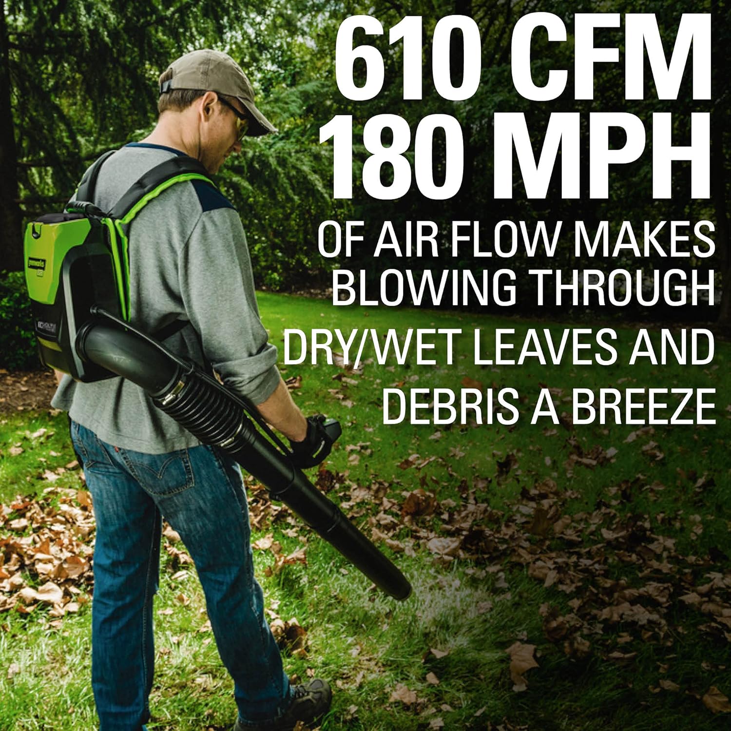 Greenworks BPB80L2510 80V (180 MPH 610 CFM 75+ Compatible Tools) Cordless Brushless Backpack Blower, 2.5Ah Battery and Rapid Charger Included, Green Black4