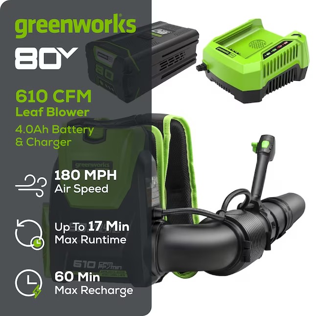 Greenworks BPB80L410 80-volt 610-CFM 180-MPH Battery Backpack Leaf Blower 4 Ah (Battery and Charger Included)1_11zon