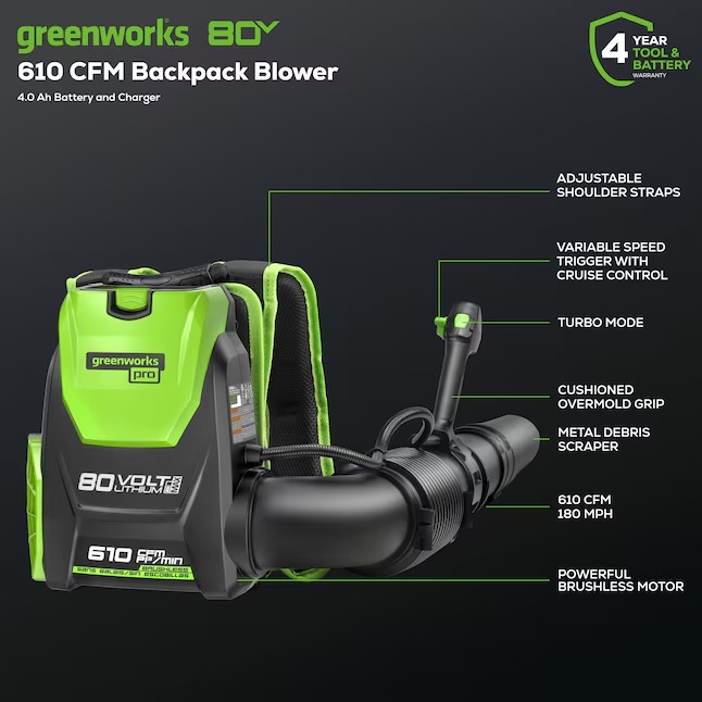 Greenworks BPB80L410 80-volt 610-CFM 180-MPH Battery Backpack Leaf Blower 4 Ah (Battery and Charger Included)2_11zon