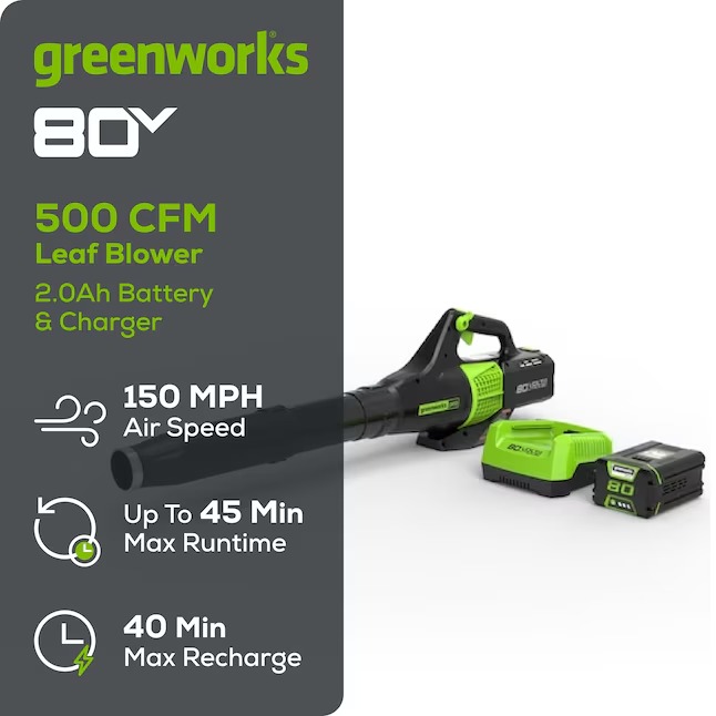 Greenworks Pro BL80B210 80-volt Max 500-CFM 150-MPH Battery Handheld Leaf Blower 2 Ah (Battery and Charger Included)1_11zon
