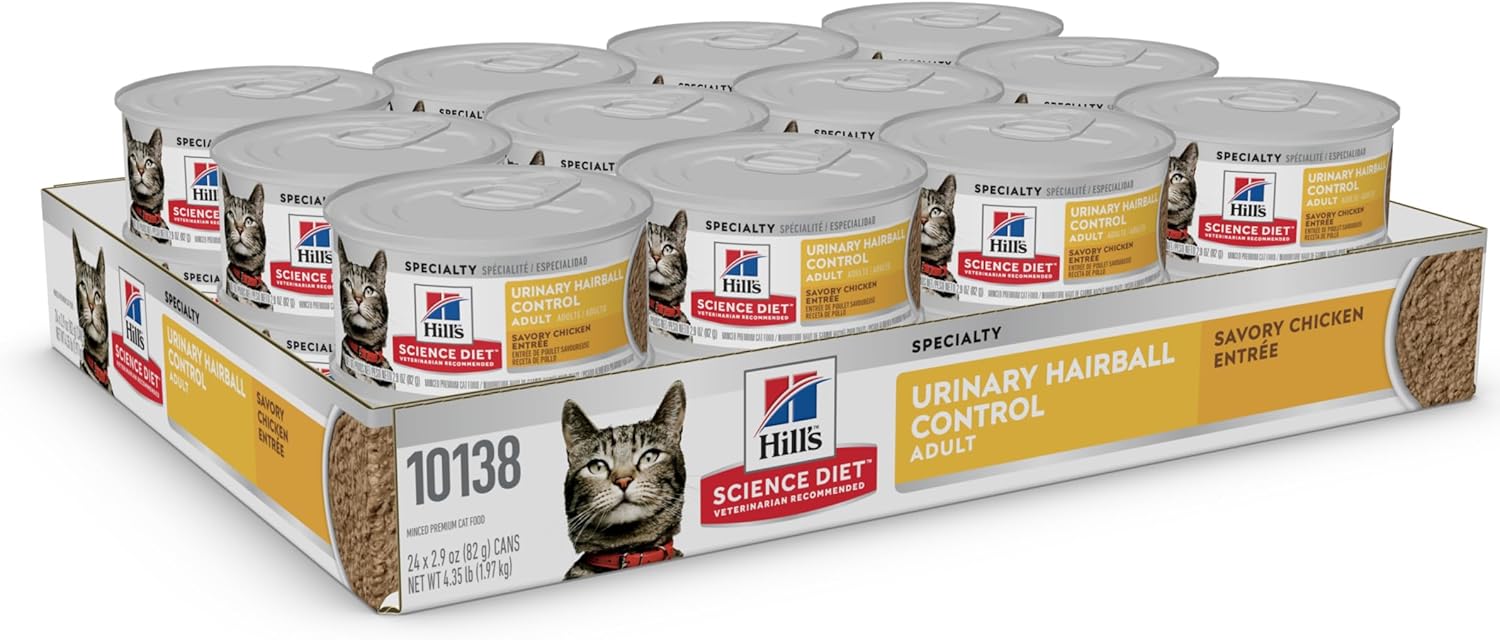 Hill's Science Diet Urinary Hairball Control, Adult 1-6, Urinary Track Health & Hairball Control Support, Wet Cat Food, Chicken Minced, 2.9 oz Can, Case of 243
