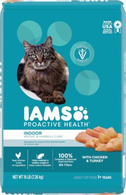 IAMS PROACTIVE HEALTH Adult Indoor Weight Control & Hairball Care Dry Cat Food with Chicken & Turkey Cat Kibble, 16 lb. Bag