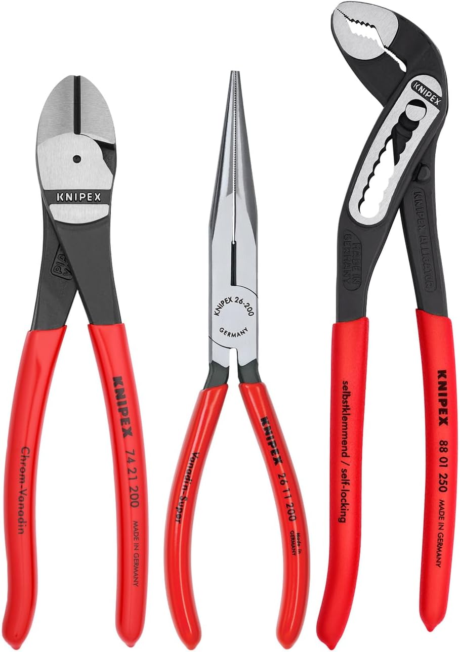 KNIPEX Tools 00 20 08 US1 Long Nose, Diagonal Cutter, and Alligator Pliers 3-Piece Tool Set, Red (Packaging May Vary) KNIPEX Tools 00 20 08 US1 Long Nose, Diagonal Cutter, and Alligator Pliers 3-Piece Tool Set, Red (Packaging May Vary)