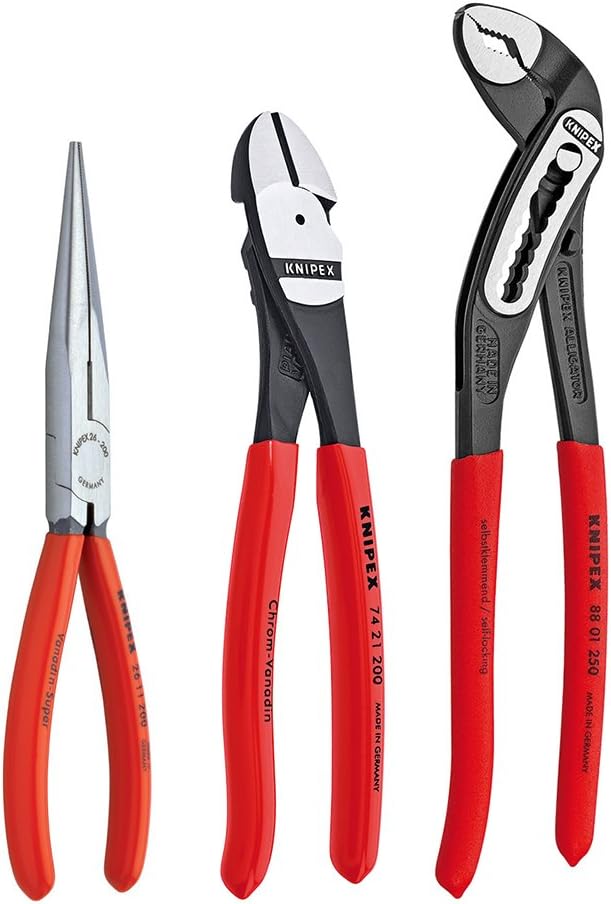KNIPEX Tools 00 20 08 US1 Long Nose, Diagonal Cutter, and Alligator Pliers 3-Piece Tool Set, Red (Packaging May Vary)1