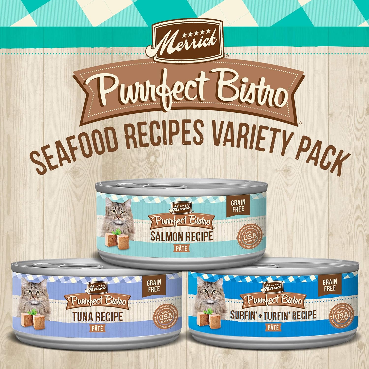 Merrick Purrfect Bistro Grain Free Premium Canned Pate Adult Wet Cat Food, Variety Pack Seafood Recipes - (Pack of 24) 5.5 oz. Cans1