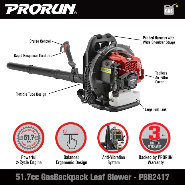 PRORUN PBB2417 51.7-cc 2-cycle 570-CFM 250-MPH Gas Backpack Leaf Blower1_11zon