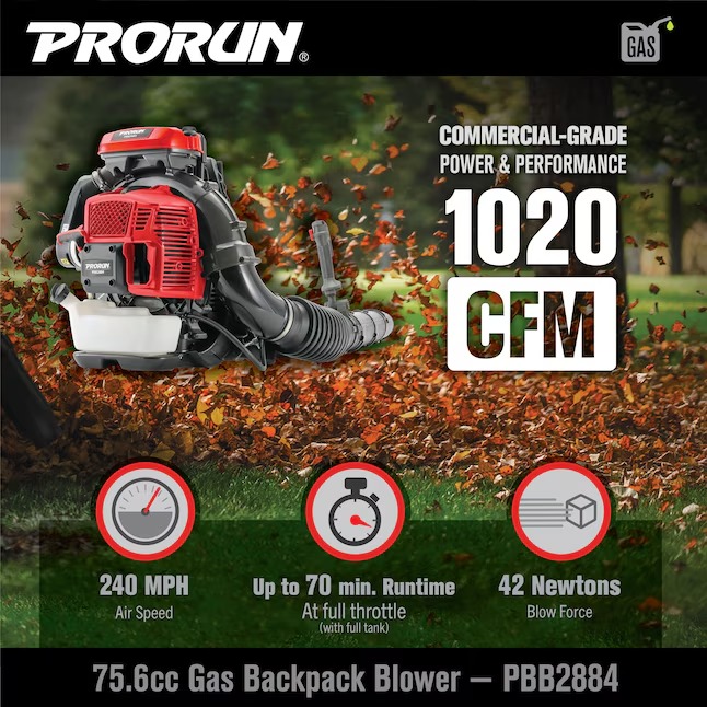 PRORUN PBB2884 75.6-cc 2-cycle 1020-CFM 240-MPH Gas Backpack Leaf Blower6_11zon