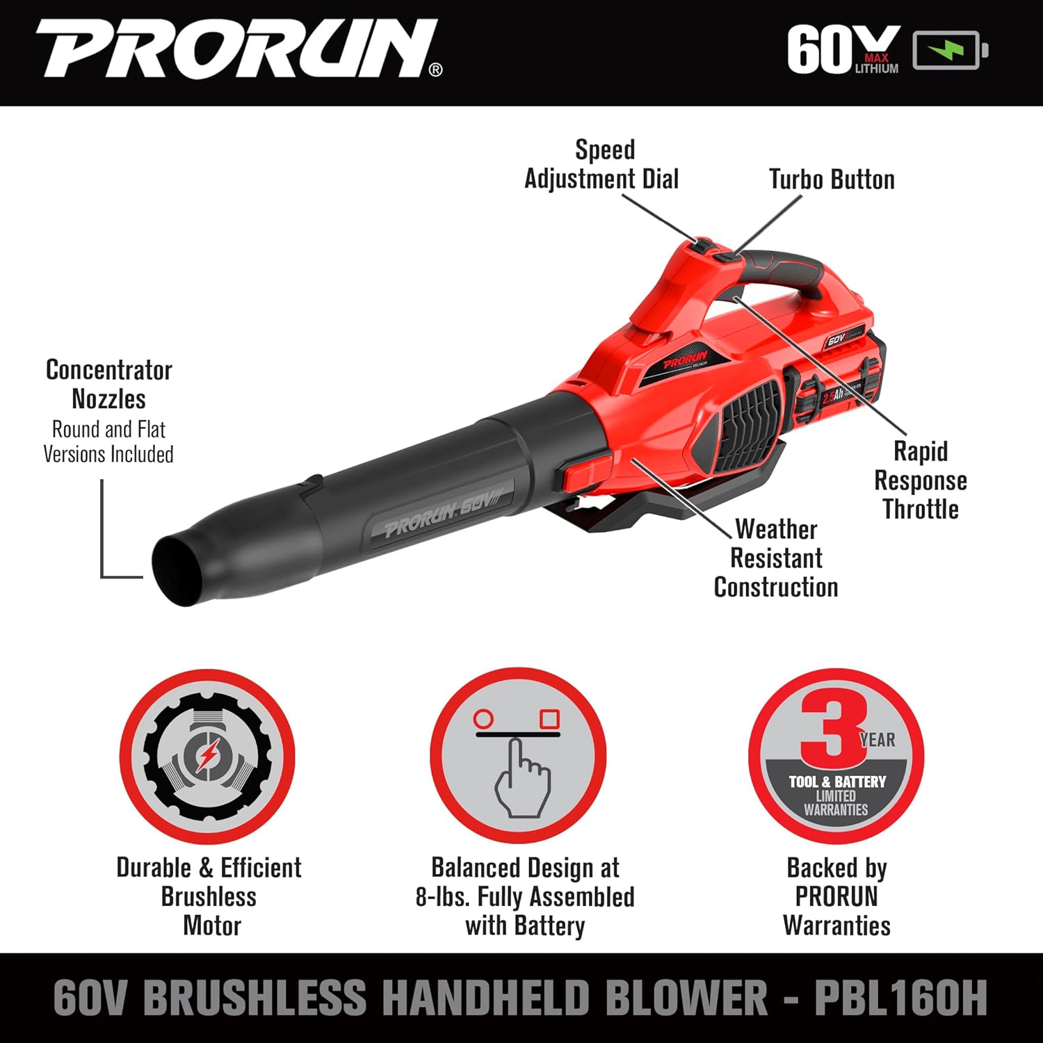 PRORUN PBL160H 60-volt Max 680-CFM 190-MPH Battery Handheld Leaf Blower 2.5 Ah (Battery and Charger Included)1