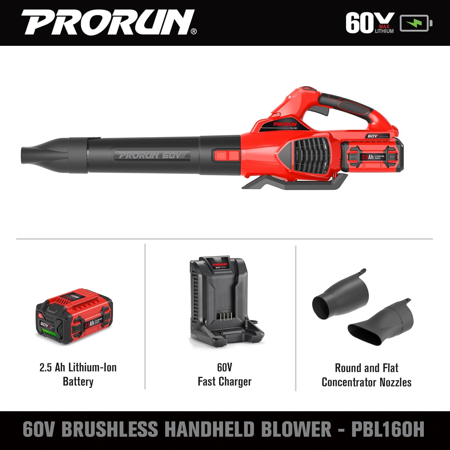 PRORUN PBL160H 60-volt Max 680-CFM 190-MPH Battery Handheld Leaf Blower 2.5 Ah (Battery and Charger Included)3