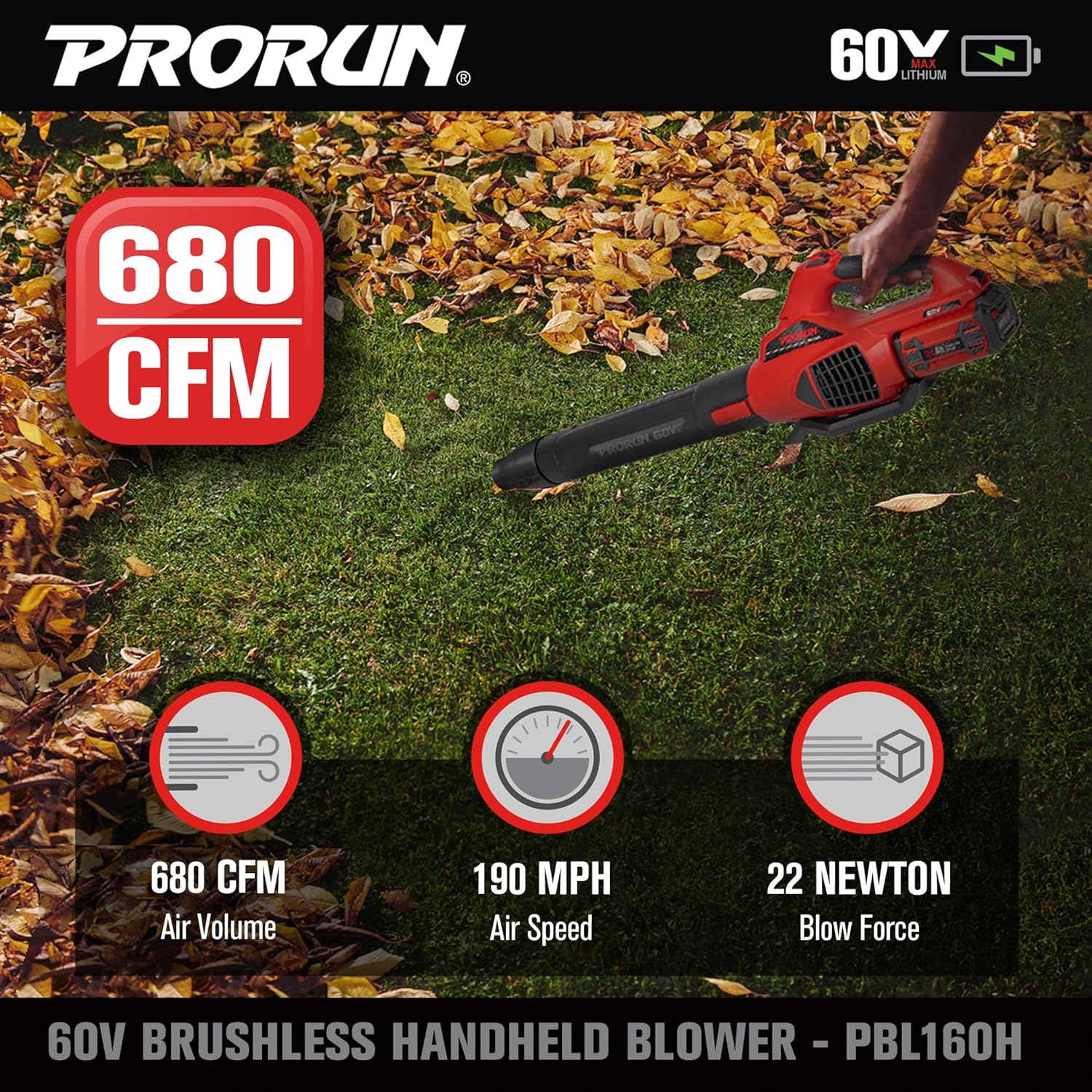 PRORUN PBL160H 60-volt Max 680-CFM 190-MPH Battery Handheld Leaf Blower 2.5 Ah (Battery and Charger Included)4