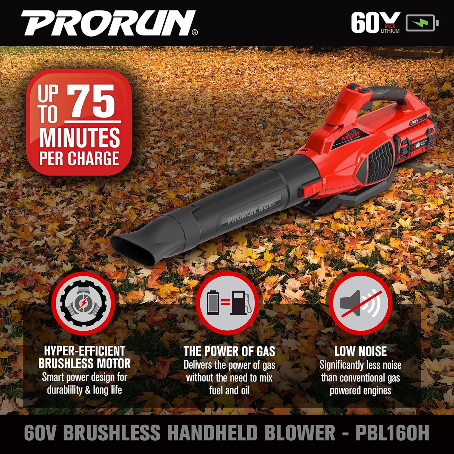 PRORUN PBL160H 60-volt Max 680-CFM 190-MPH Battery Handheld Leaf Blower 2.5 Ah (Battery and Charger Included)6