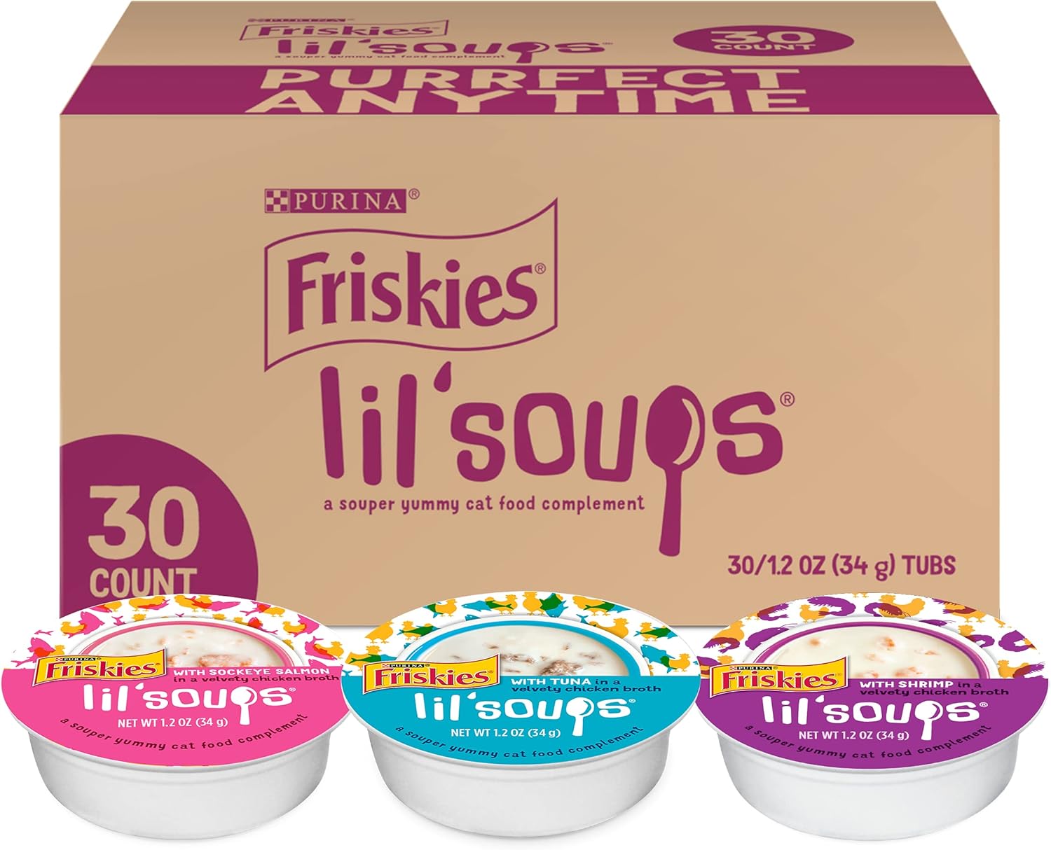 Purina Friskies Grain Free Wet Cat Food Lickable Cat Treats Variety Pack, Lil' Soups With Salmon, Tuna or Shrimp - (Pack of 30) 1.2 oz. Cups Purina Friskies Grain Free Wet Cat Food Lickable Cat Treats Variety Pack, Lil' Soups With Salmon, Tuna or Shrimp - (Pack of 30) 1.2 oz. Cups