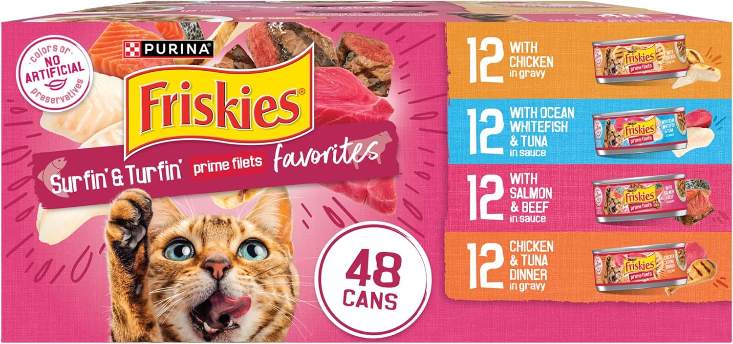 Purina Friskies Gravy Wet Cat Food Variety Pack, Surfin’ and Turfin’ Prime Filets Favorites - 48 ct. Can Purina Friskies Gravy Wet Cat Food Variety Pack, Surfin’ and Turfin’ Prime Filets Favorites - 48 ct. Can